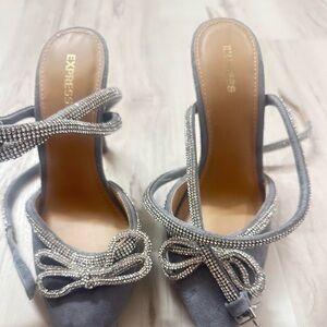 Express Silver and Gray Women's Heels with Bow Detail